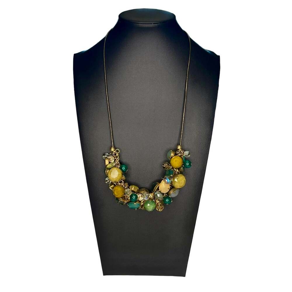 NWT CHICO'S Signed BOHO STYLE CLUSTER BIB Necklace Green Yellow 37” to 41” Long